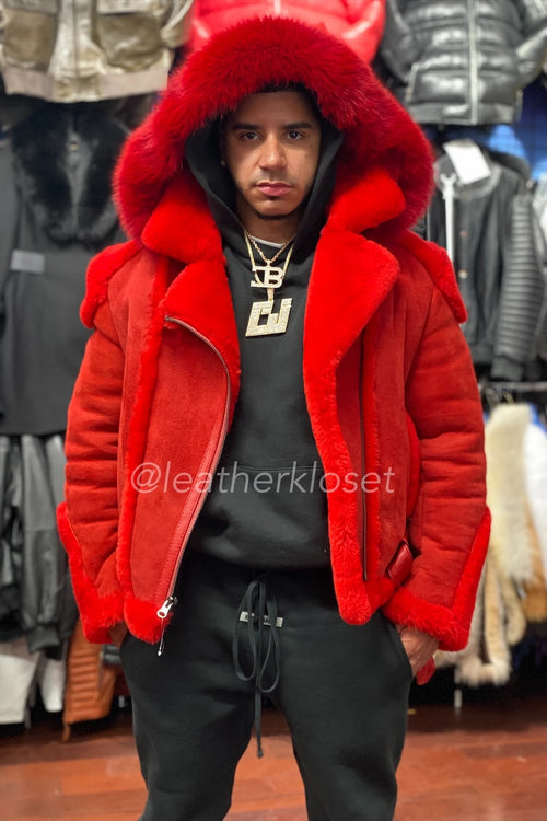 Men's Classic Sheepsking Shearling Biker With Hood