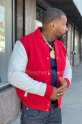 Men's Classic Wool And Leather Varsity Jacket [Red/White]