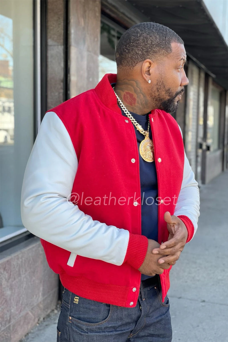 Men's Classic Wool And Leather Varsity Jacket [Red/White]