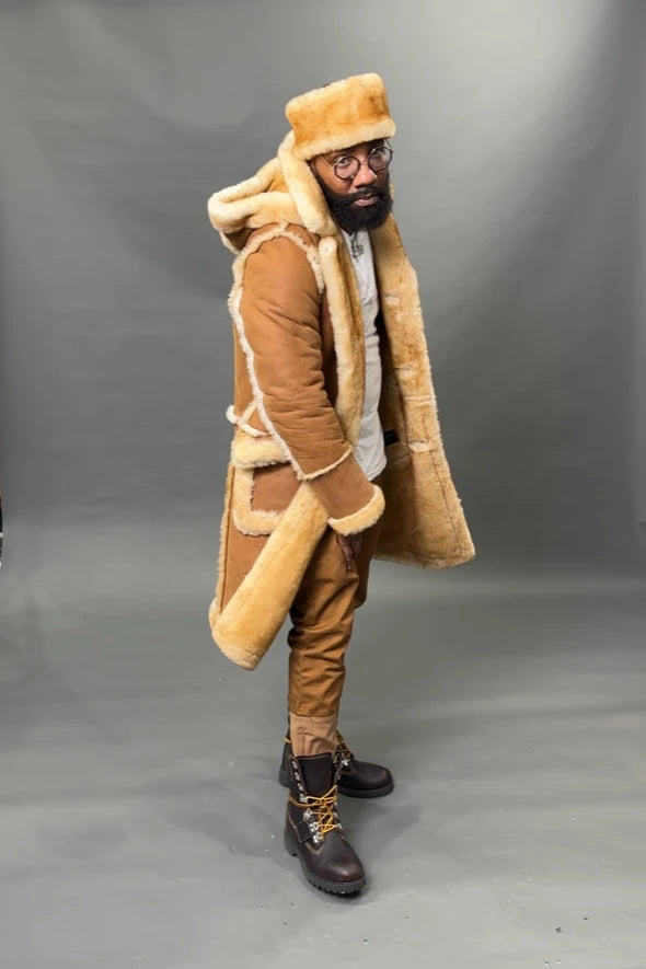Men's Davey Crockett Sheepskin Shearling Coat With Headband [Tan]