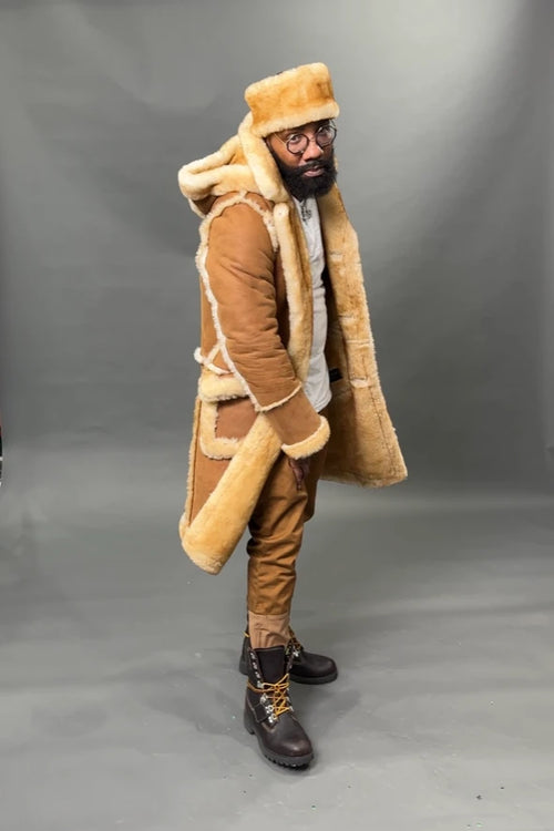 Men's Davey Crockett Sheepskin Shearling Coat With Headband [Tan]