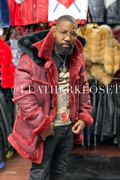 Men's Duffel Bag Sheepskin Shearling Coat [Burgundy]