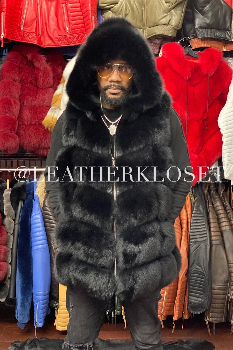 Men's Fox Fur Vest Black With Hood