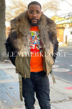 Men's French Biker Leather And Pony Jacket With Raccoon Collar