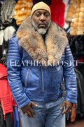 Men's Jay Biker Distressed Blue With Full Fox Fur Collar