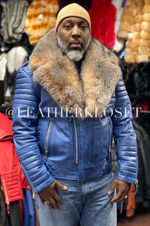 Men's Jay Biker Distressed Blue With Full Fox Fur Collar
