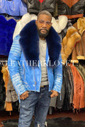 Men's Jay Biker Distressed Blue With Full Fox Fur Collar