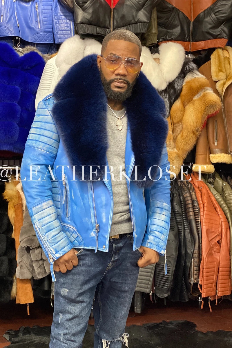 Men's Jay Biker Distressed Blue With Full Fox Fur Collar