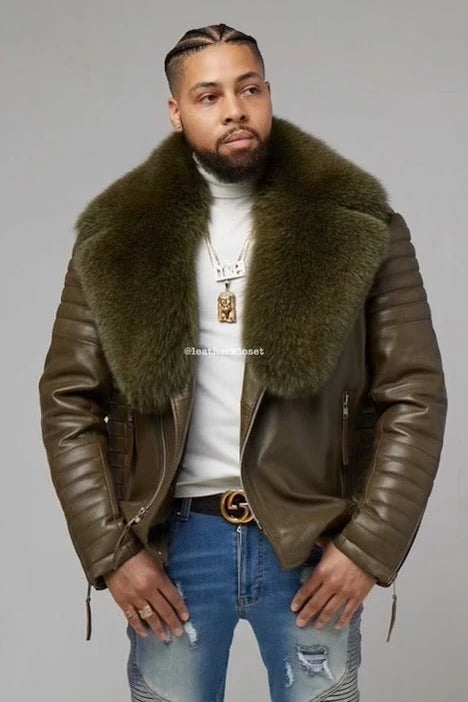 Men's Jay Biker Jacket Olive With Full Olive Fox Collar