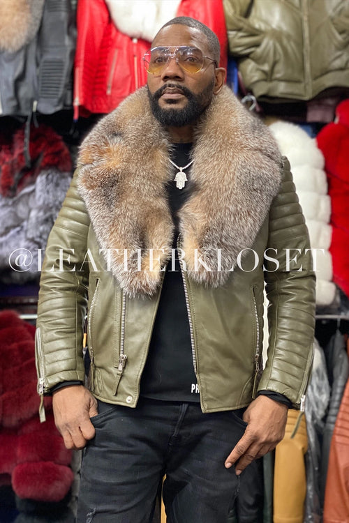 Men's Jay Biker Olive Green With Full Fox Fur Collar