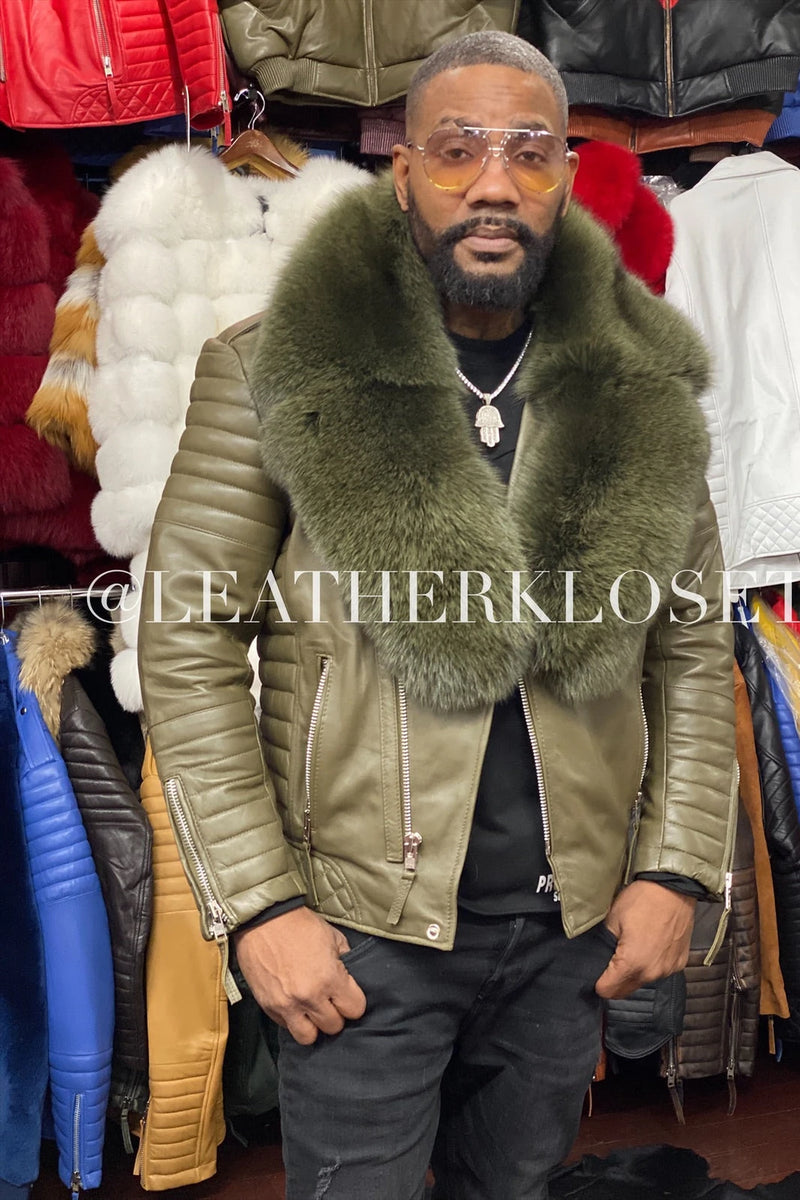Men's Jay Biker Olive Green With Full Fox Fur Collar