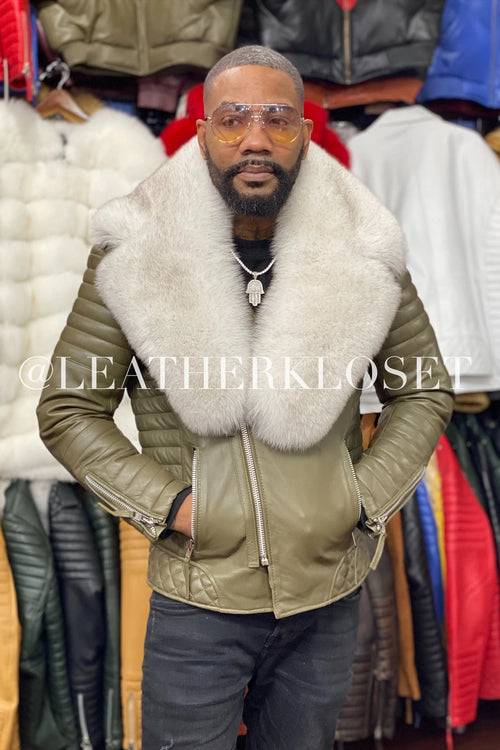 Men's Jay Biker Olive Green With Full Fox Fur Collar
