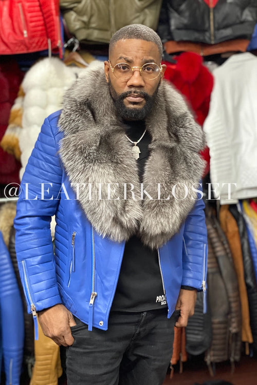 Men's Jay Biker Royal Blue With Full Fox Fur Collar