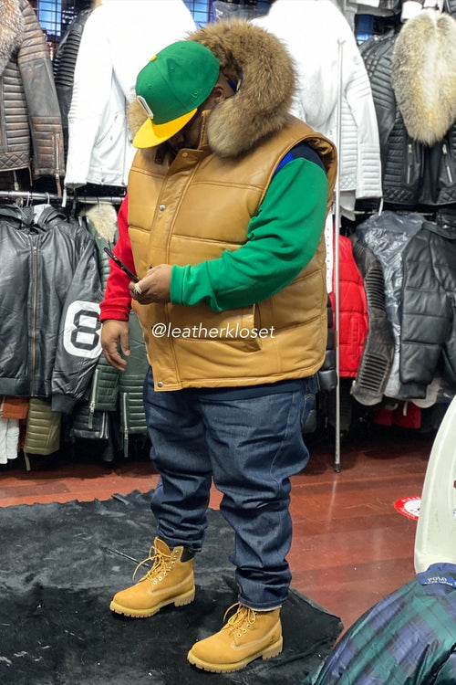 Men's Leather Bubble Vest Wheat With Premium Raccoon Hood