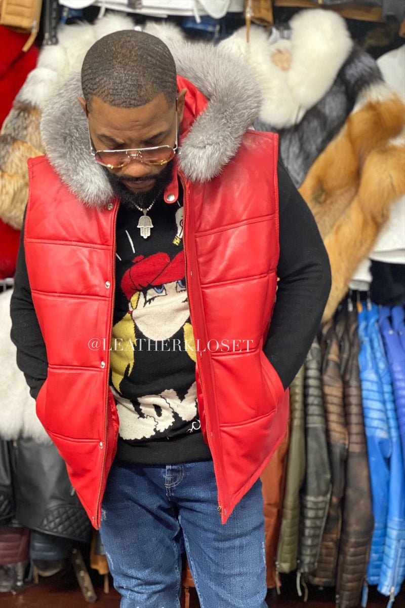 Men's Leather Bubble Vest With Premium Fox Fur Hood