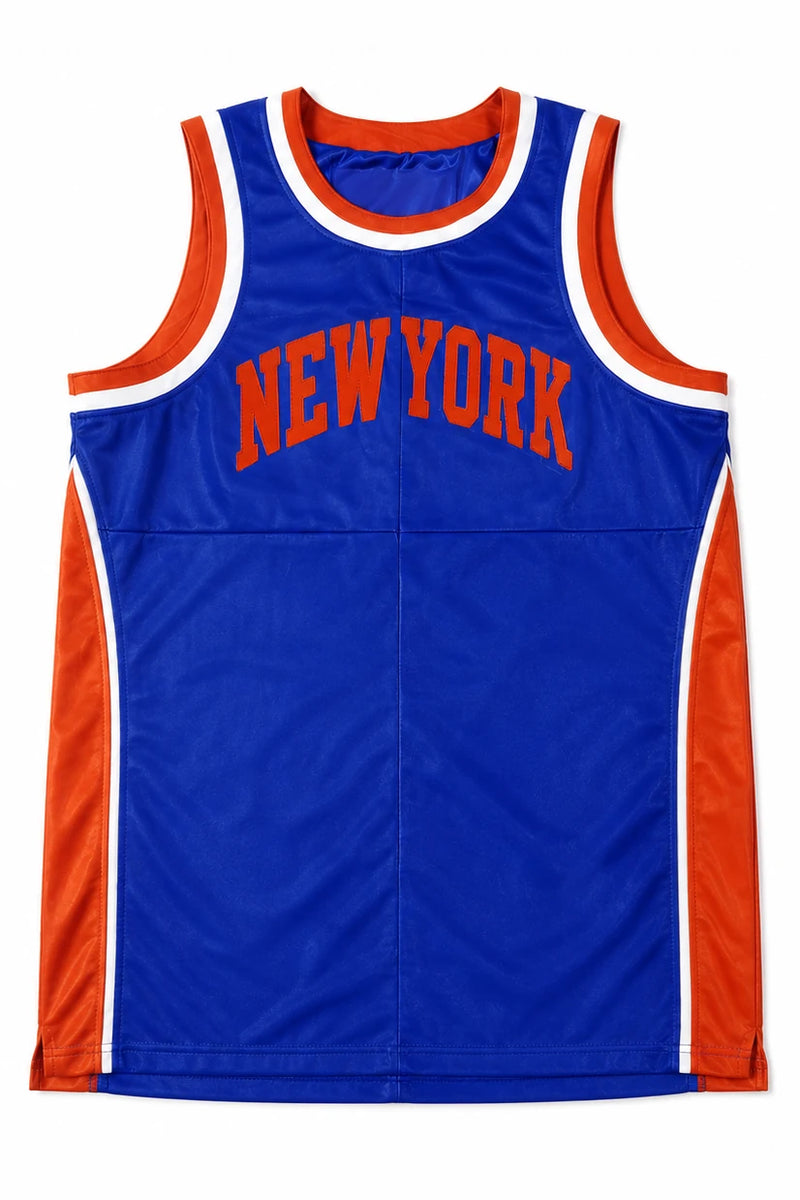 Men's Leather New York Basketball Jersey [Royal blue/Orange]
