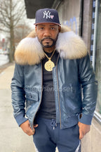 Men's Leather Pilot Aviator Bomber Jacket [Navy]