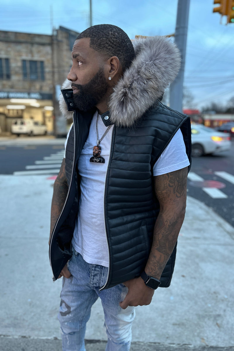 Men's Leather Rowan Vest With Raccoon Fur Hood