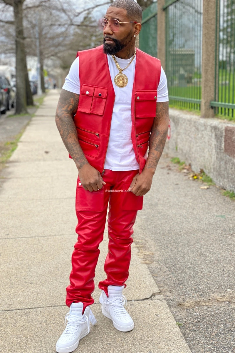 Men's Leather Tactical Vest With Leather Cargo Pants Red [Slim-Cut]