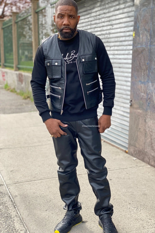 Men's Leather Tactical Vest With Leather Pants Black [Slim-Cut]