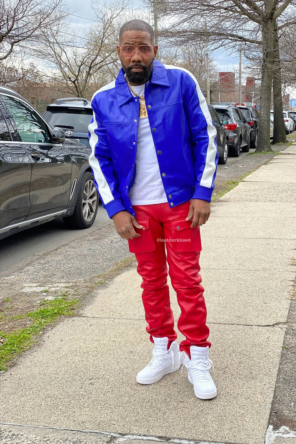 Men's Leather Track Jacket And Pants Set [Royal Blue/Red]