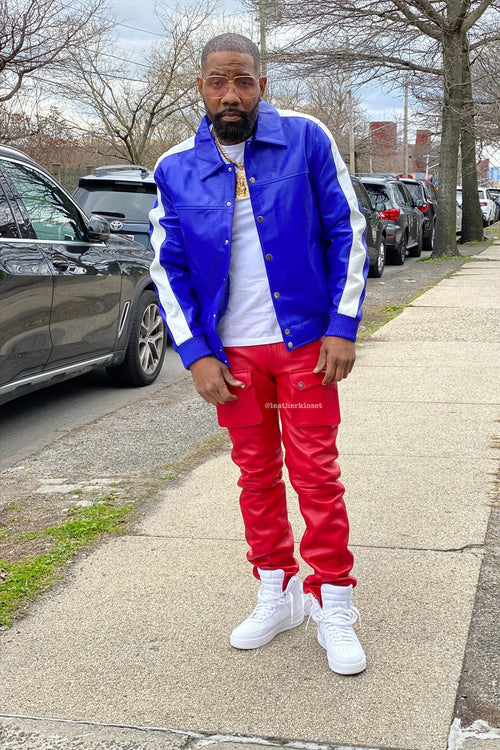 Men's Leather Track Jacket And Pants Set [Royal Blue/Red]
