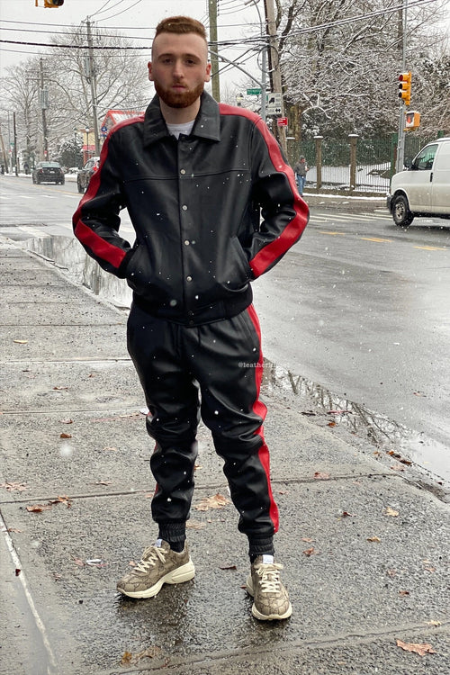 Men's Leather Track Suit Sweatsuit [Black/Red]