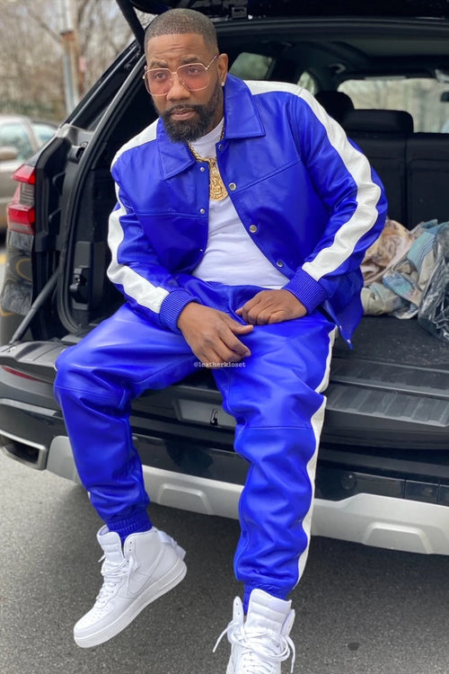 Men's Leather Track Suit Sweatsuit [Royal/White]