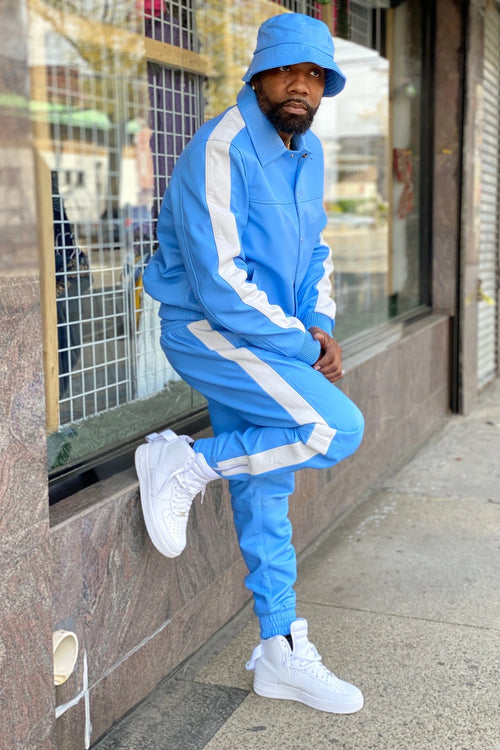Men's Leather Track Suit Sweatsuit [Baby Blue/White]