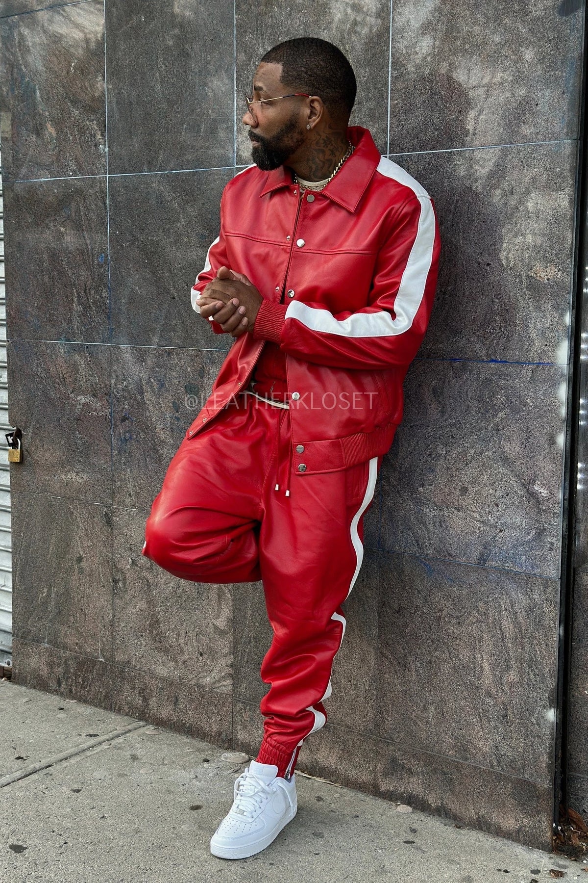 Men's Leather Track Suit Sweatsuit [Red/White]