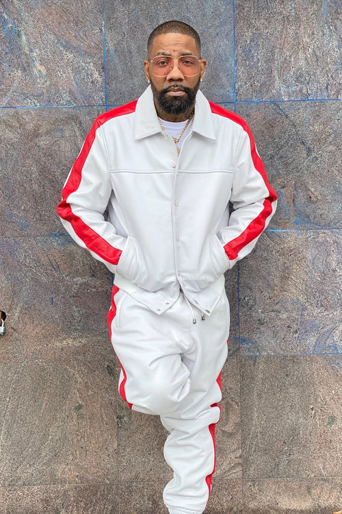 Men's Leather Track Suit Sweatsuit [White/Red]