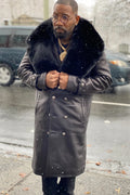 Men's Leather Trench Coat With Fox Fur Collar [Black/Black Fox]