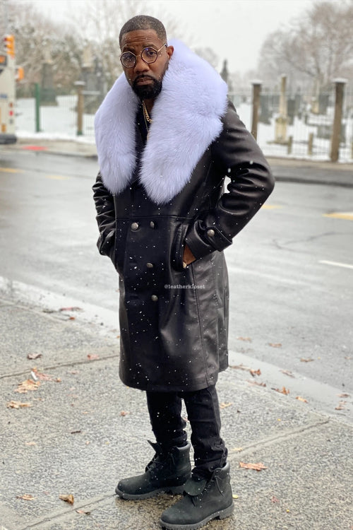 Men's Leather Trench Coat With Fox Fur Collar [Black/White Fox]