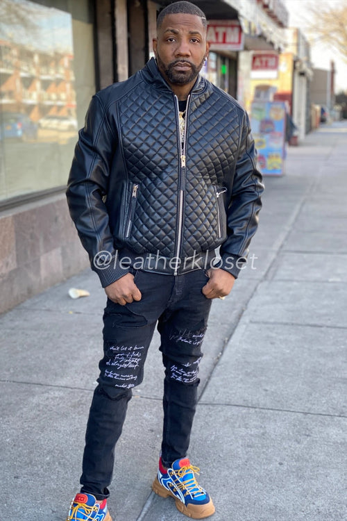Men's Lucas Quilted Leather Bomber Jacket [Black]