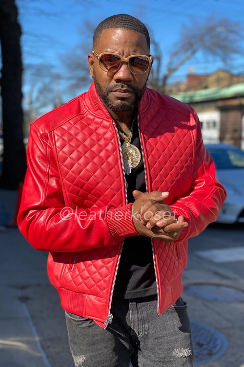 Men's Lucas Quilted Leather Bomber Jacket [Red]
