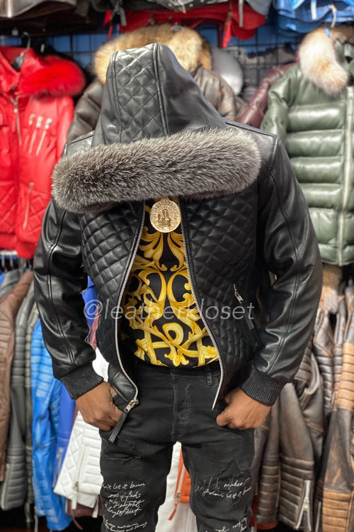 Men's Lucas Quilted Leather Bomber Jacket With Fox Hood [Silver Fox]