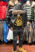 Men's Lucas Quilted Leather Bomber Jacket With Fox Hood [Black/Crystal]