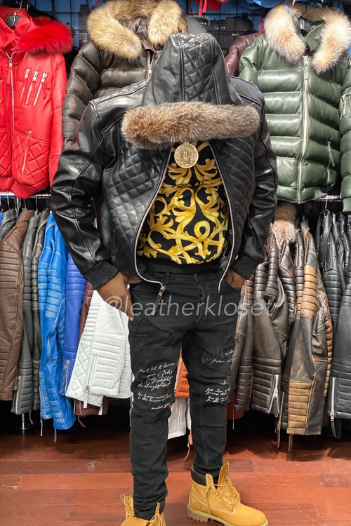 Men's Lucas Quilted Leather Bomber Jacket With Fox Hood [Black/Crystal]