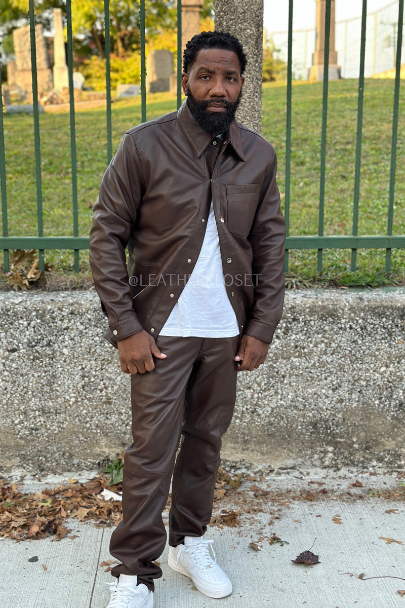 Men's Luka Leather Shirt And Pants Set [Chocolate Brown]