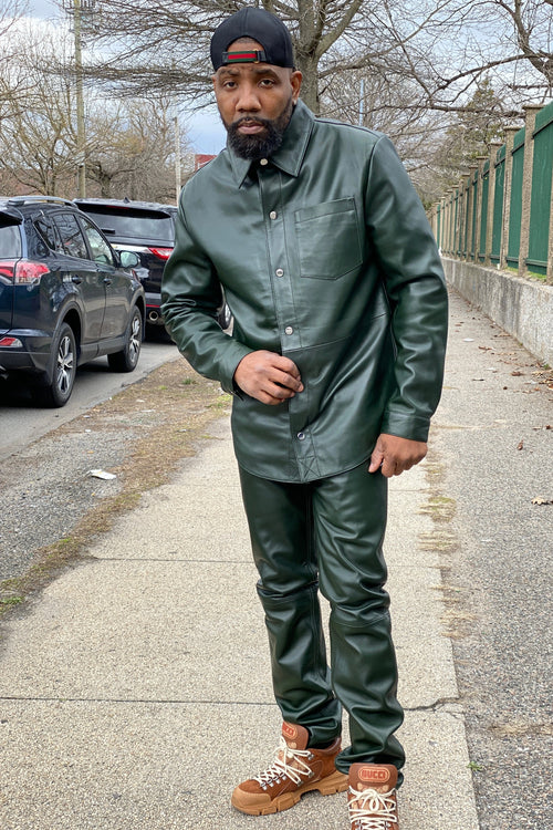 Men's Luka Leather Shirt And Pants Set [Money Green]