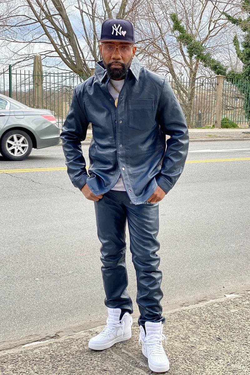 Men's Luka Leather Shirt And Pants Set [Navy Blue]