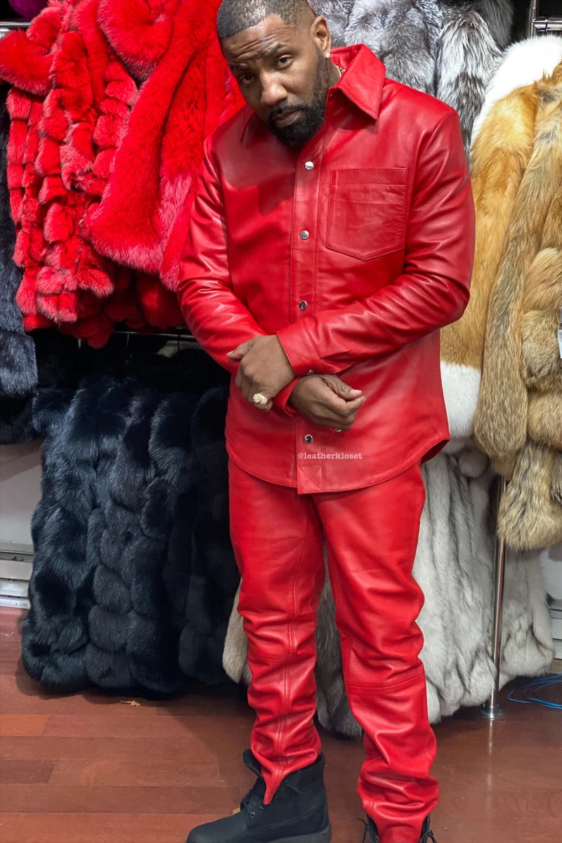 Men's Luka Leather Shirt And Pants Set [Red]