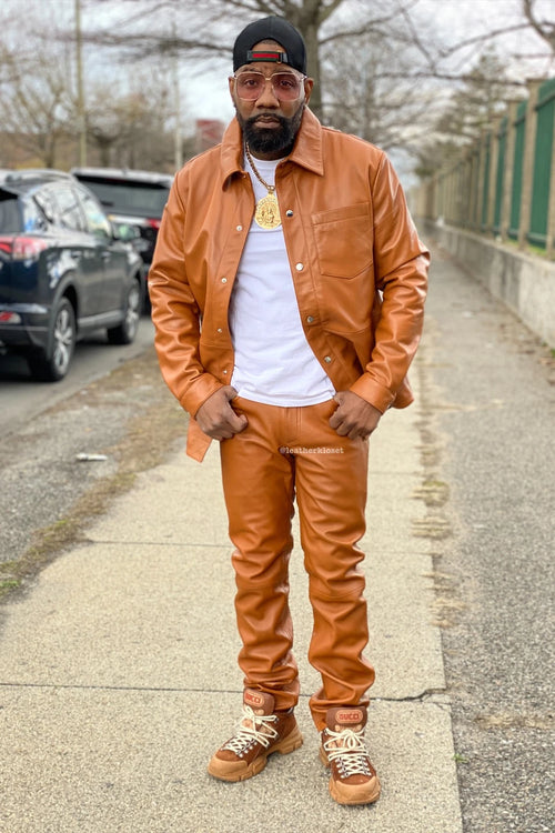 Men's Luka Leather Shirt And Pants Set [Saddle Brown]