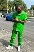 Men's Luka Leather Short Sleeve Shirt And Cargo Pants Set [Green]