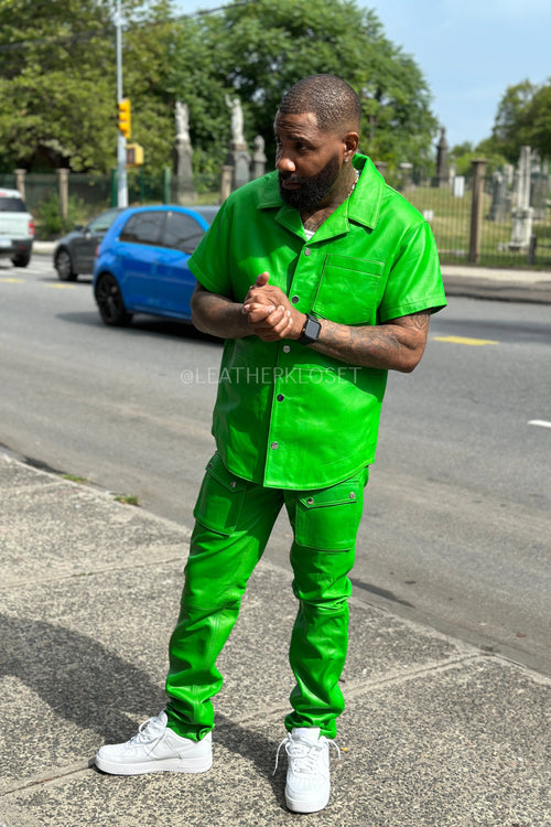 Men's Luka Leather Short Sleeve Shirt And Cargo Pants Set [Green]