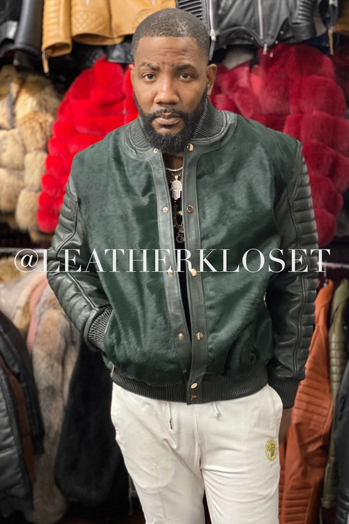 Money Green Leather and Pony Jacket Jacket for Mens