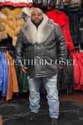 Men's Pea Coat Leather With Fox Collar