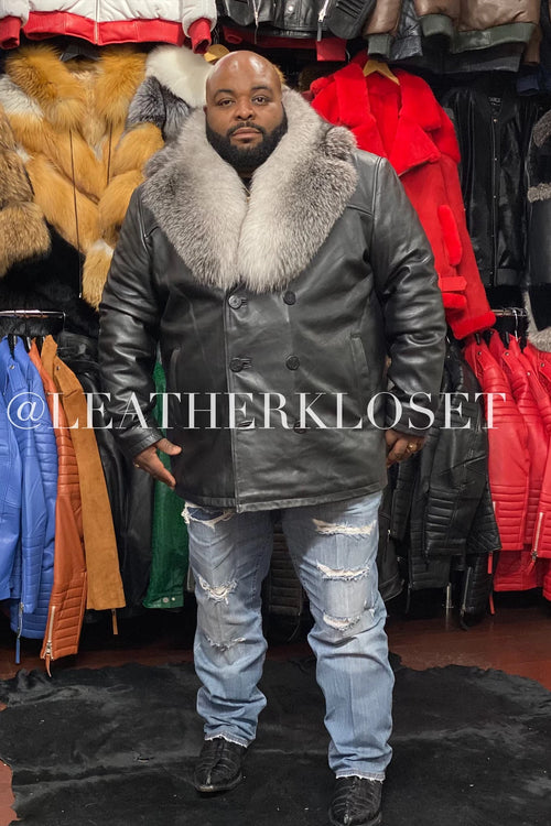 Men's Pea Coat Leather With Fox Collar