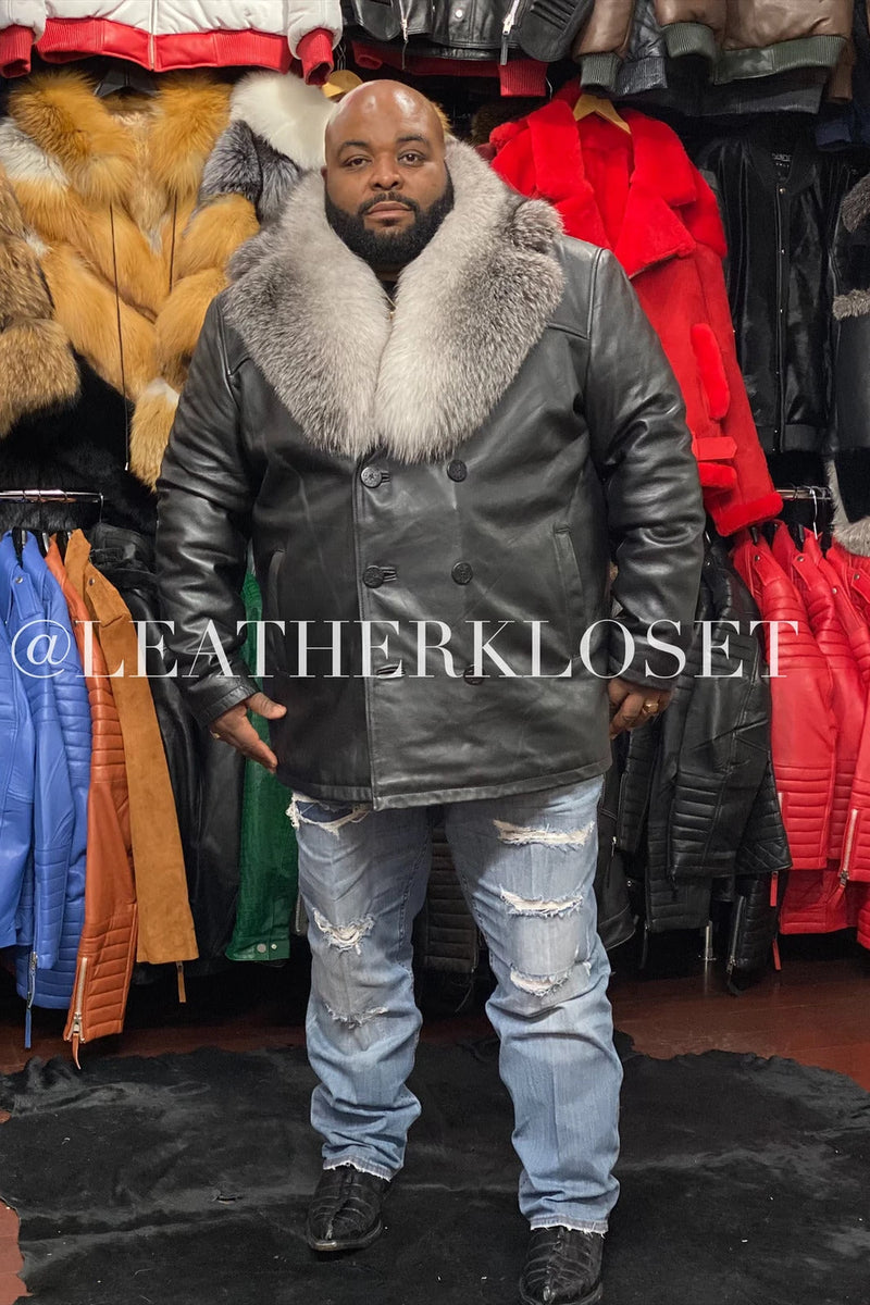 Men's Pea Coat Leather With Fox Collar