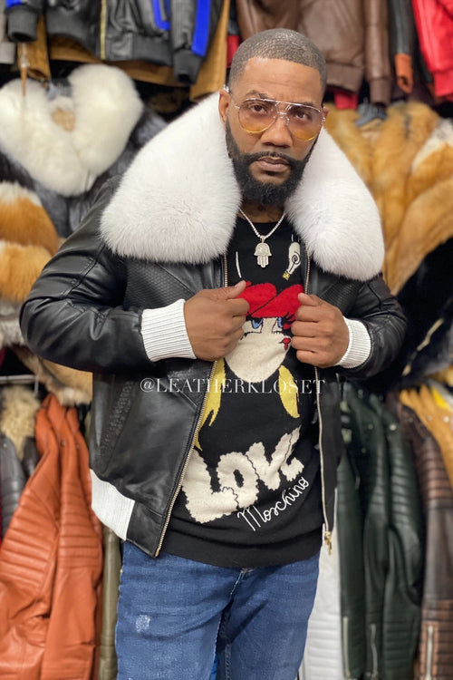 Men's Real Python And Leather Bomber Jacket W/ Fox